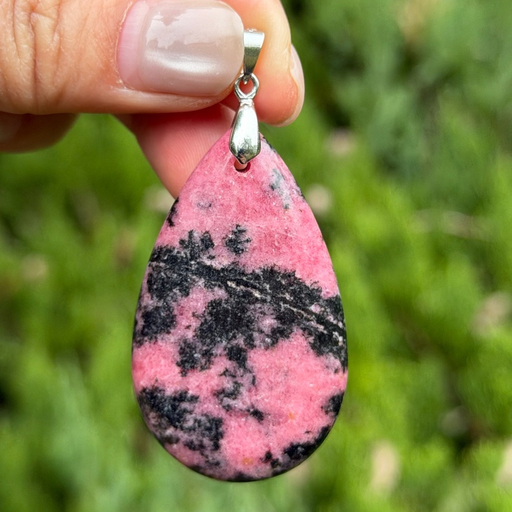 925 silver plated natural rhodonite pendant 1456